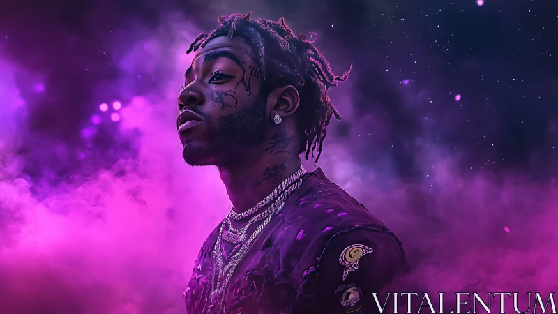 Purple neon dreams surround a confident cosmic performer.