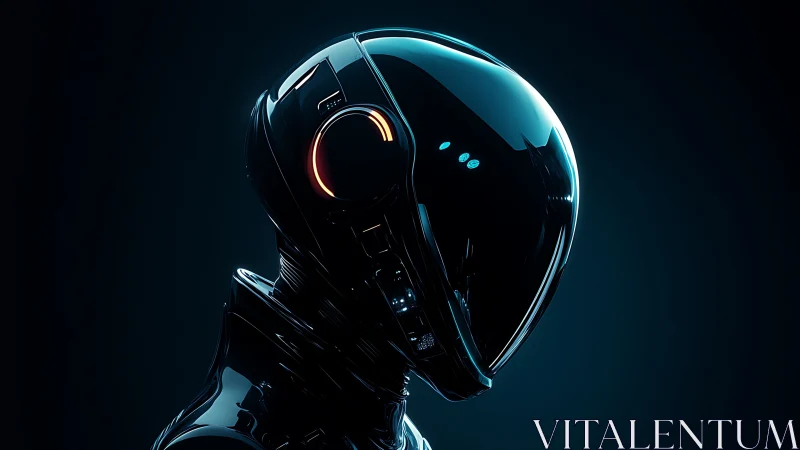 Sleek futuristic android quietly glowing in soft neon light.