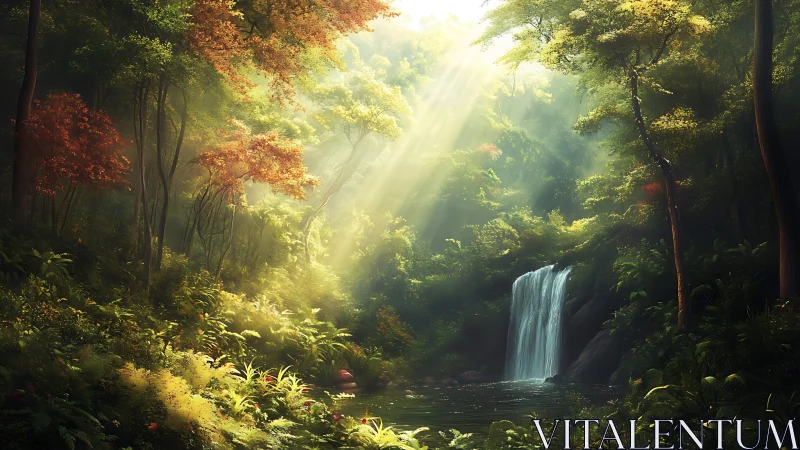 Golden Radiance Cascades Through Ancient Forest Sanctuary.