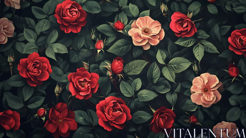 Botanical Rose Garden Composition with Layered Depth.