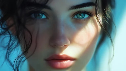 Hyperreal close-up portrait renders luminous teal eyes in focus