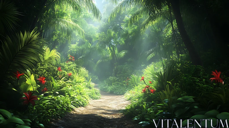 Radiant jungle pathway illuminated by ethereal sunlight.