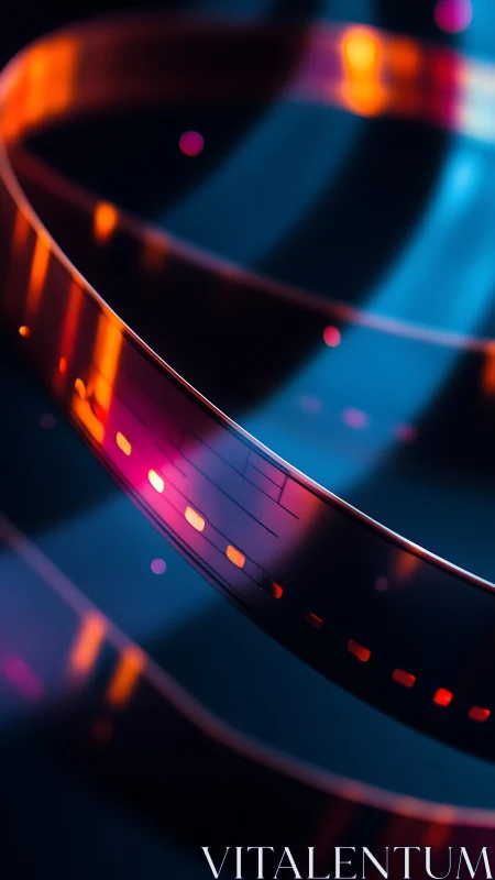 Curved photographic film strip with neon light reflections.