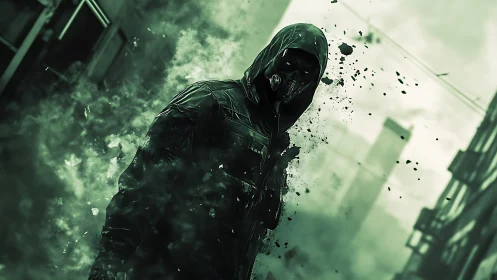 Tactical hooded revenant dissolving in particulate smog field.