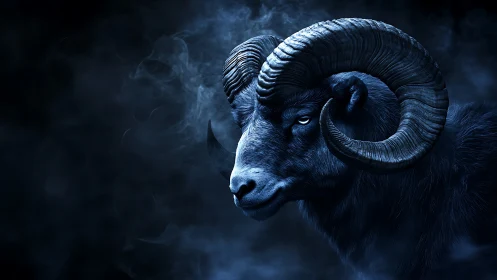 Midnight ram emerges from swirling cobalt misted shadows.