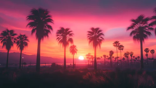 Neon gradient sunset behind coastal palm tree silhouettes