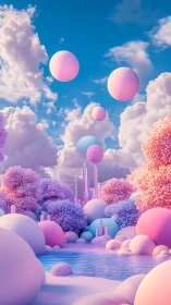 Dreamy sherbet spheres drift calmly above a pastel lagoon