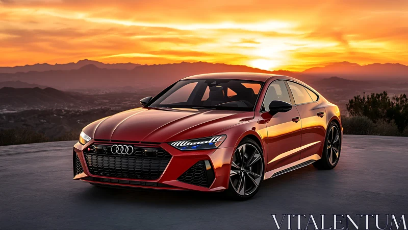 Red Audi sport sedan stands on overlook under vivid sunset sky