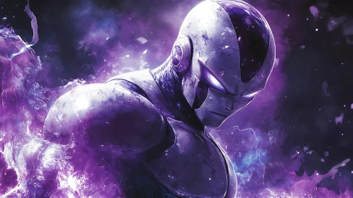 Armored alien warrior amid luminous violet plasma storm