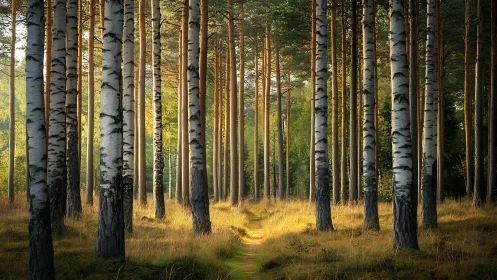 Birch Forest Corridor: Geometric Rhythm Through Dense Boreal Woodland.