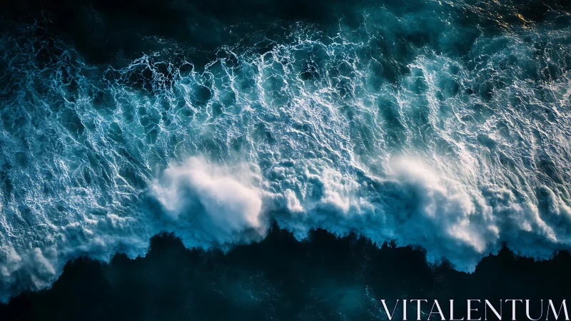 Aerial ocean breakers crash with teal foam patterns.