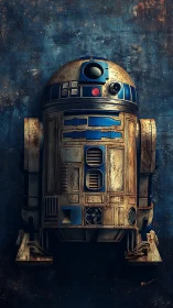 Rust-kissed blue robot standing proud against worn wall.