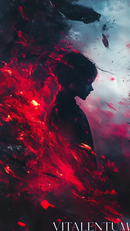 Silhouetted figure dissolves into abstract crimson energy.