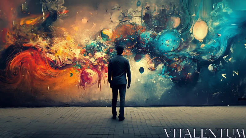 Man contemplates vast cosmic graffiti mural on urban wall