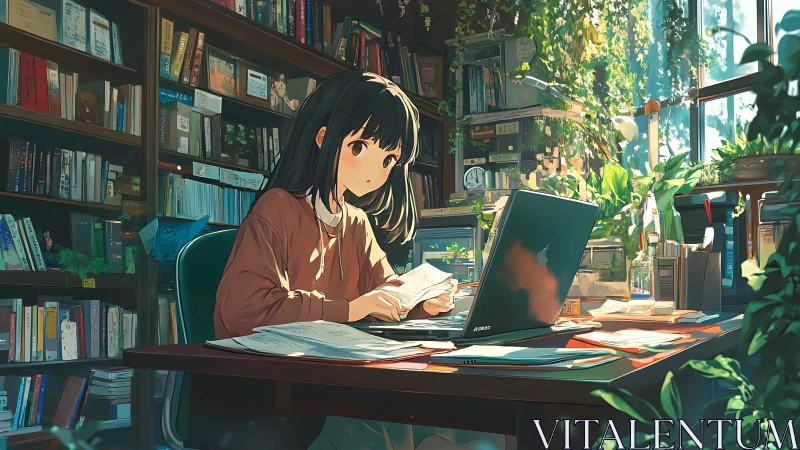 Sunlit library scholar weaves notes between laptop and leaves