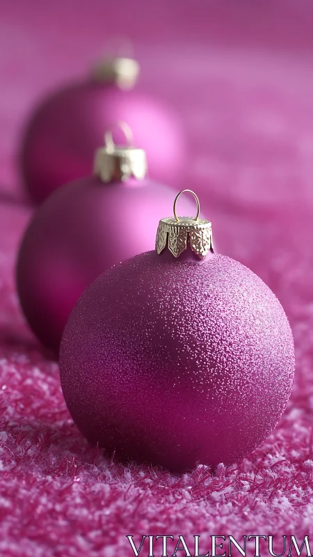 Pink glass baubles aligned on textured surface in focus.
