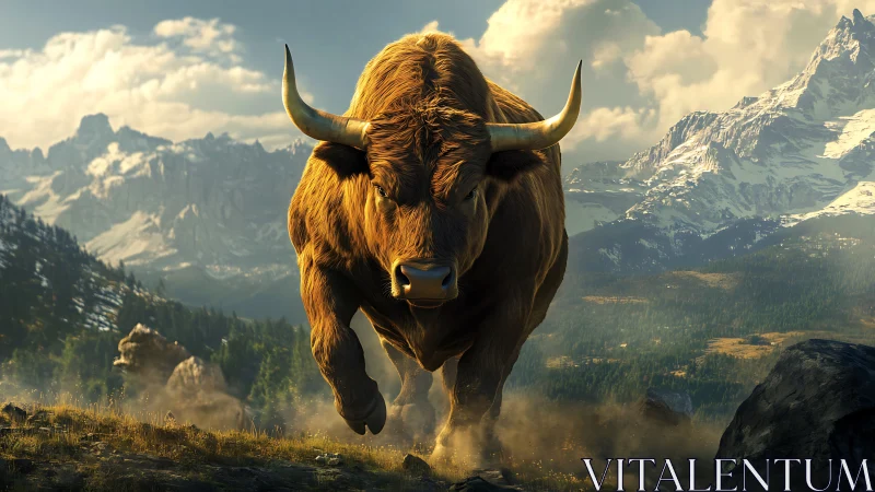 Bull moves forward across rocky alpine terrain in sunlight