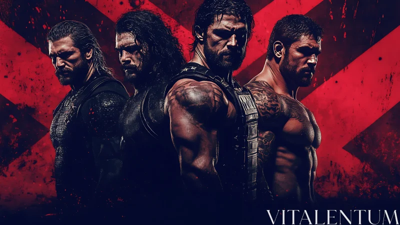 Four fierce warriors stand united against a red storm