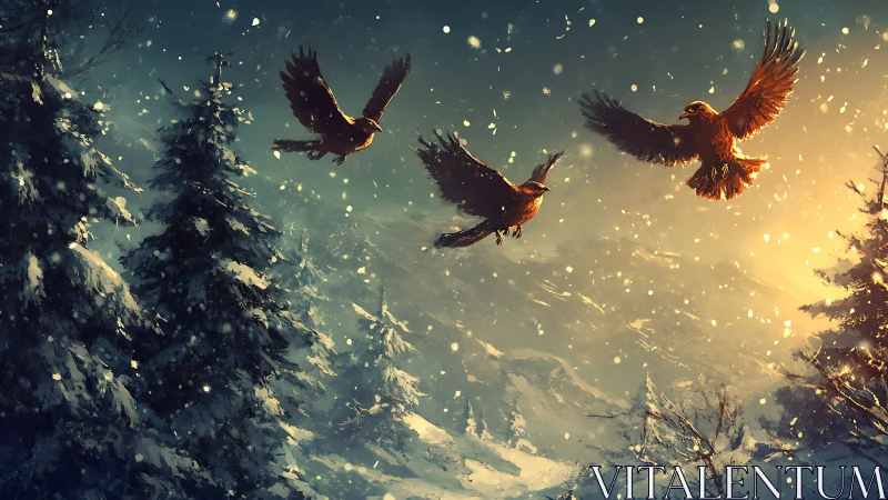 Three Birds Flying Over Snowy Pines at Sunset, Digital Art.