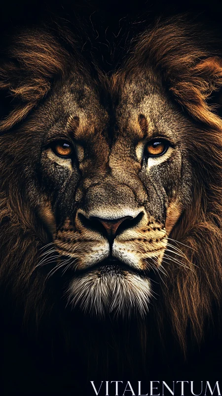Photorealistic frontal lion portrait with dramatic rim lighting