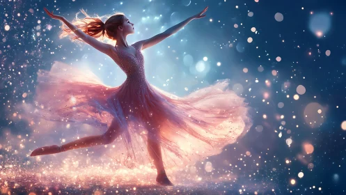 Female ballet dancer in pink dress amid particle lights.