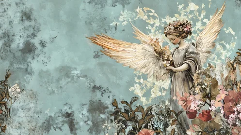 Winged figure with flowers against textured teal field.