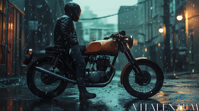 Cinematic alley study of rider and cafe racer in rain-soaked profile.
