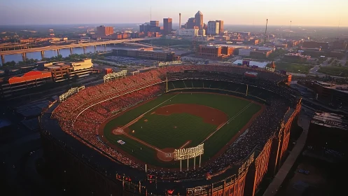 Sunlit baseball stadium packed with fans at city sunset.