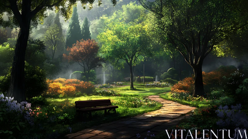 Sunlit park path and bench in lush flowering garden scene.