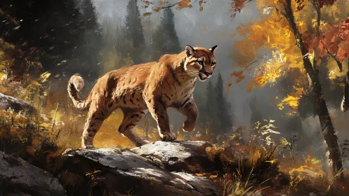 Mountain Lion in Autumn Forest.
