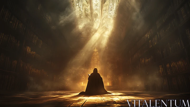 Cloaked figure kneels beneath sacred light in vast library
