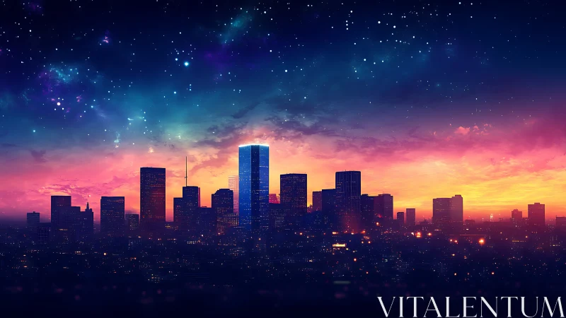 Neon skyline dreaming beneath a star-splashed cosmic dusk.