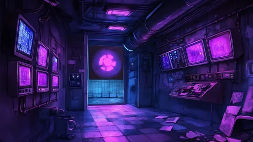 Neon lit control room with futuristic glowing consoles.