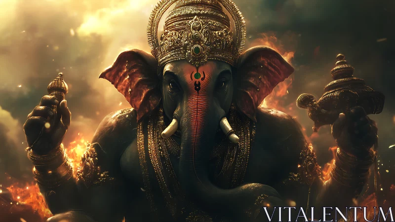 Ganesha figure stands amid fiery background with ornate gold