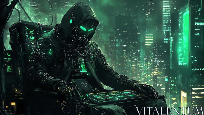 Hooded cybernetic hacker brooding above neon megacity.