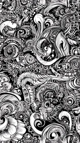 Intricate black and white abstract floral swirl pattern.