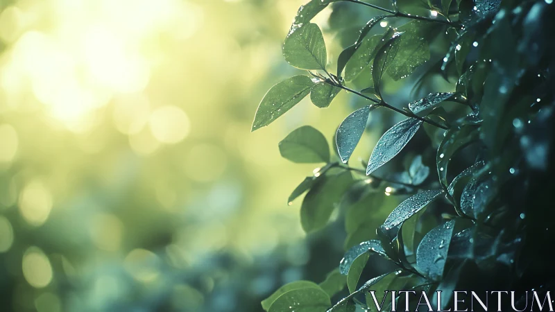Backlit dew-laden foliage with shallow depth of field rendering.