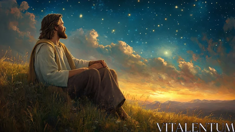 Contemplative robed figure beneath luminous starry dusk sky.