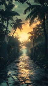 Wet tropical street reflects low sunset through palm trees