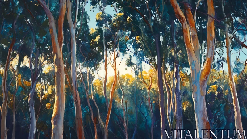 Sunlit forest canopy glows through painterly eucalyptus trunks.