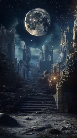 Ruined moonlit citadel stands beneath a vast starry sky