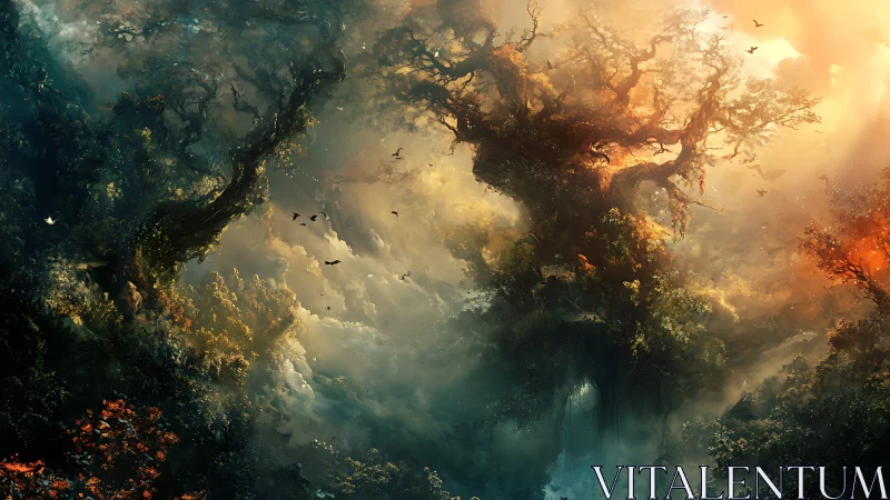 Mystic forest canopy glows with swirling golden morning light