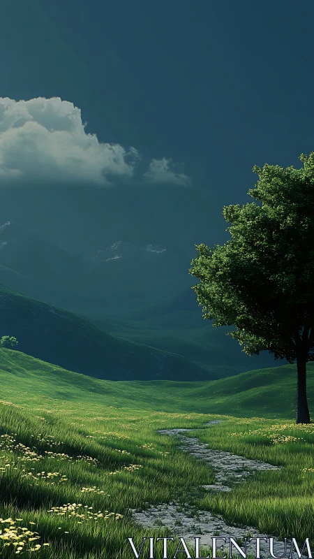 Stone path curves through sunlit meadow toward distant hills
