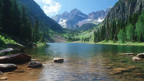 Mountain lake calm under bright summer alpine skies.