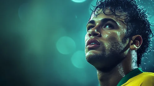 Sweat‑lit footballer under cyan stadium bokeh illumination.