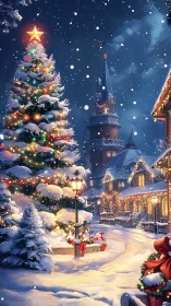 Snowy town square with lit Christmas tree at night.