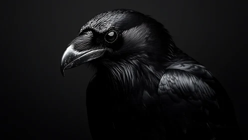 High-contrast raven portrait isolates intricate feather microdetail.
