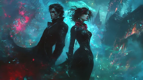 Two gothic figures stand defiant in a neon stormed city