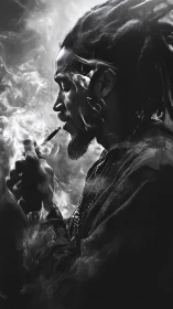 Man with dreadlocks smoking in heavy swirling smoke.