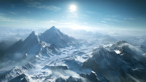 Sunlit snow-covered mountain range under clear sky